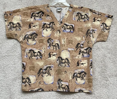 Simply Basic 1-Pocket tan Brown Horse Scrub Top Unisex M - Image 1 of 3