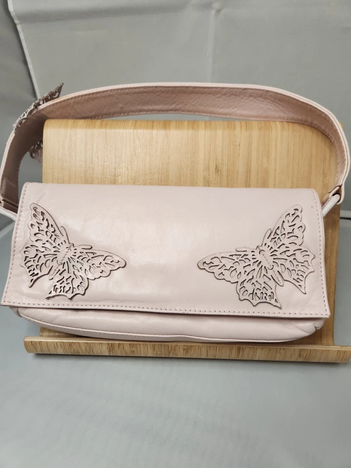 Beverly Feldman pink butterfly clutch bag with leopard print interior - Image 1 of 4