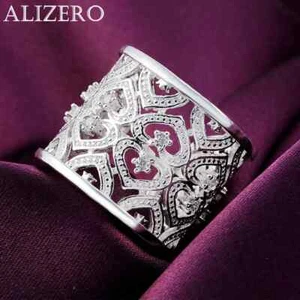ALIZERO 925 Sterling Silver Ring Crystal Heart Wide Rings Men Women Jewelry - Picture 1 of 4