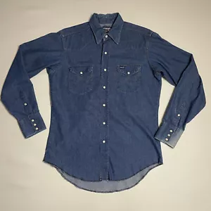 Vintage Wrangler Pearl Snap Denim Chambray Shirt X-Long Tails Men's L 16-35 USA - Picture 1 of 11