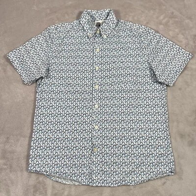 Kennington LTD Shirt Mens Medium White Blue Geometric Short Sleeve Button Down - Image 1 of 4