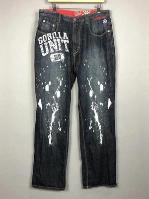 Y2K G-Unit 50 Cent Gorilla Unit Paint Splatter Jeans 36x34 Straight Baggy HipHop - Image 1 of 4