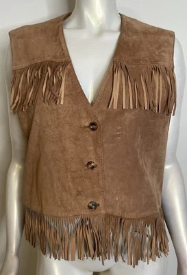 Vintage 60s 70s Brown Suede Fringe Vest Women's L First Issue Button Front - Image 1 of 4