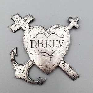 Antique Silver Clad ? Heart Anchor Cross Book Emblem Badge Christian 18th 19th c - Picture 1 of 6