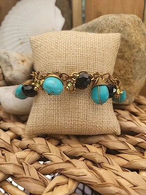 Pulsera Boho Dorada Latón Imitación Turquesa Cuentas Dije Foto 1 de 4
