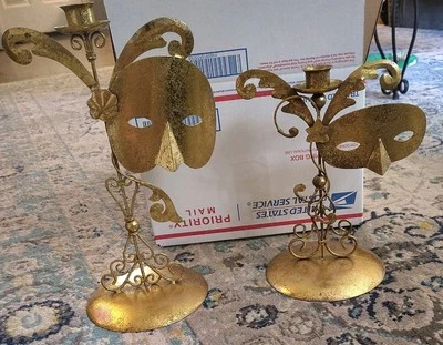 Máscara Mardi Gras Candelabro Metal Pintado Tono Dorado Envejecido 12" y 8" Set  Foto 1 de 4