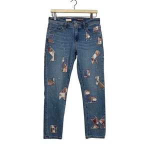 Pilcro Anthropologie Patchwork Slim Boyfriend Bleach Splatter Denim Jeans Sz 28 - Picture 1 of 15