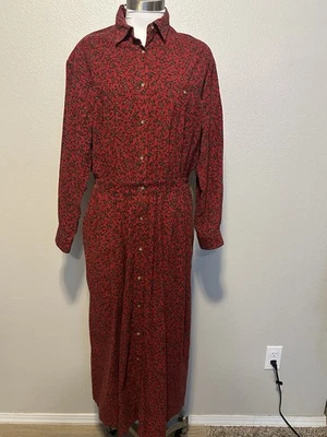 Vintage Eddie Bauer Red Floral Corduroy Long Cottage Dress Button Front Womens M - Image 1 of 4
