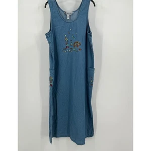 Damen Vintage Boho Denim Pullover Kleid Gr. XL bestickt Southwestern Kokopelli - Bild 1 von 7