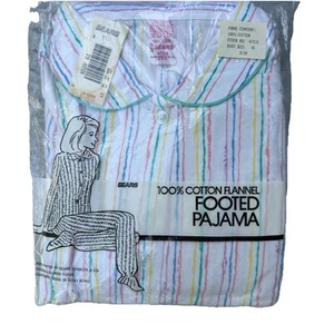 Vintage SEARS Pajamas Cotton Flannel Women's Size 36 Footed Striped Collared - Picture 1 of 9