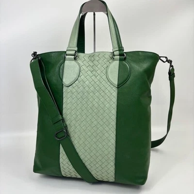 Auténtico bolso de hombro Bottega Veneta para hombre de 2 vías Intrecciato cuero verde Foto 1 de 4