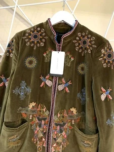 A210 ZARA VELVET EMBROIDERED BLAZER FLORAL BEES KHAKI FLOWERS JACKET COAT - XS - Foto 1 di 22