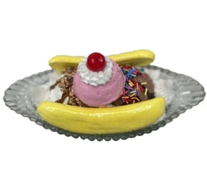 Display Faux Food Prop Banana Split Sundae Shiny Resin In Vintage Dish Cherry - Picture 1 of 6