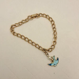 Vtg Sarah Coventry Chain Bracelet W/ Blue Enamel Sparrow Bird & Pearl Charm 6.5" - Picture 1 of 5