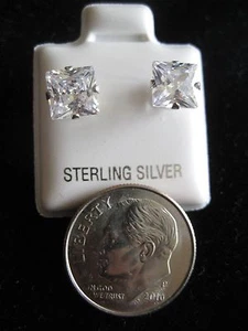 EARRINGS PRINCESS SHAPE 1 CT, 6.5MM CZ STUD IN 925 STERLING SILVER - Picture 1 of 1