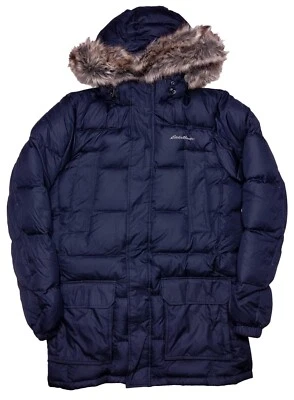 EDDIE BAUER EB650 Down Parka Jacket Coat Faux Fur Hood Blue Large Tall LT - Image 1 of 4