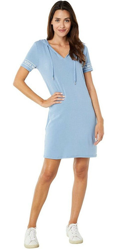 Felpa con cappuccio donna Michael Kors abito logo spugna manica azzurro chambray taglia L