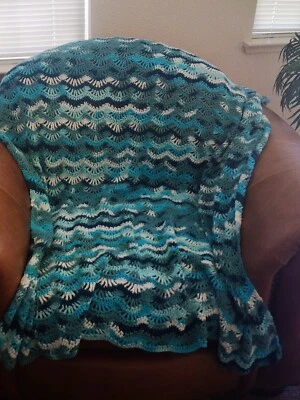 NEW HAND CROCHET AQUA TURQUOISE MULTI COLOR AFGHAN THROW LAP BLANKET HAND MADE - Image 1 of 4