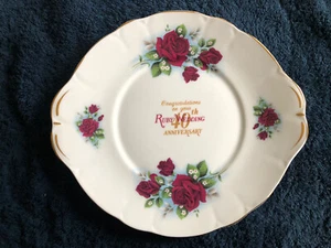 Duchess Bone China 40th Anniversary (Ruby Wedding) Cake Plate - Roses, Gold Trim - Foto 1 di 5