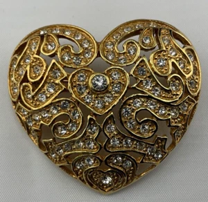 Vintage Hearts within a Heart Brosche Anstecknadel goldfarben Strass - Bild 1 von 3