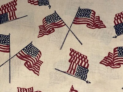 1/2 Yd Vintage Patriotic Flags Flagpoles on Cream Background Cotton Quilt Fabric - Image 1 of 4