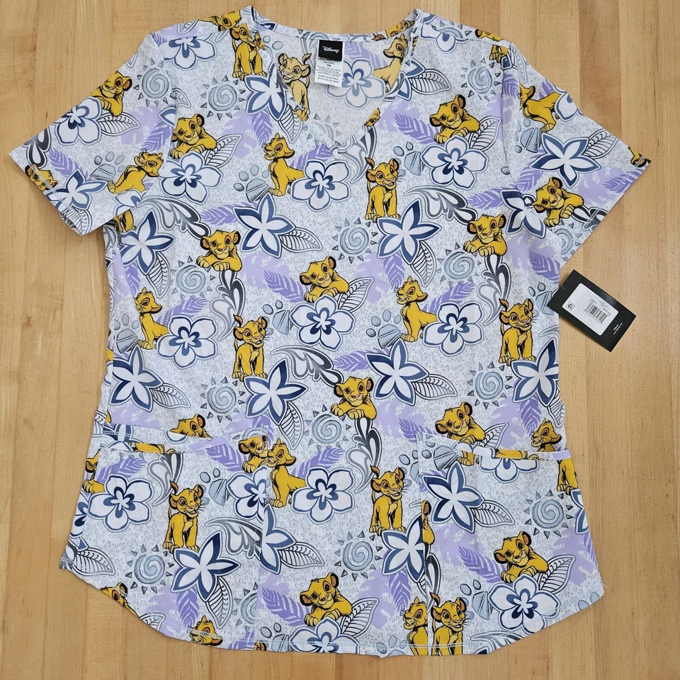 Disney Women's The Lion King Simba Scrub Top Pockets Sz M