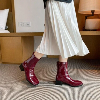 Mujeres Charol Cremallera Trasera Botines Punta Cuadrada Bloque Tacones Zapatos de Fiesta Foto 1 de 4