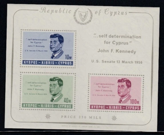 Hoja de recuerdo del presidente de Chipre John F. Kennedy MNH Foto 1 de 1