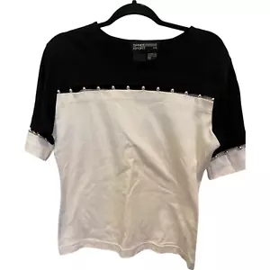 Spree Sport Shirt Cotton Top Beaded Round Neck Black White Women's Size Medium - Picture 1 of 8