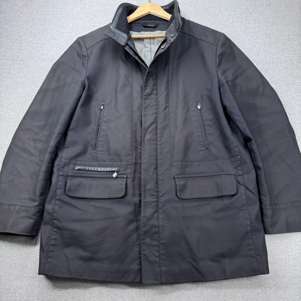 Abrigo Chaqueta de Campo Brioni Para Hombres Negro Borde de Cuero Hecho en Italia Forrado en Lana 46 *DEFECTOS Foto 1 de 4