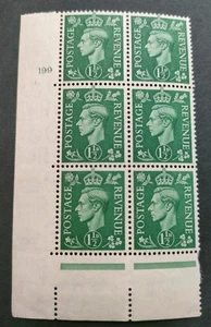 GB KGVI 1950-52 1.5d Pale green. SG505. Cylinder number 199 no dot. MNH Block 6. - Picture 1 of 2
