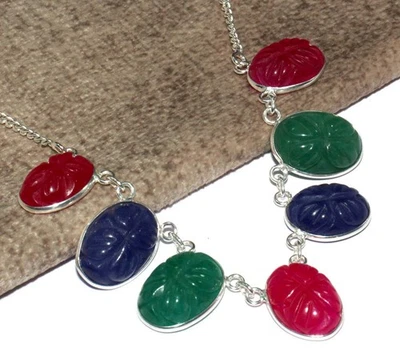 Collar de piedras preciosas de ónix verde hoja de calcedonia tallada rosa y azul 18" GW Foto 1 de 3