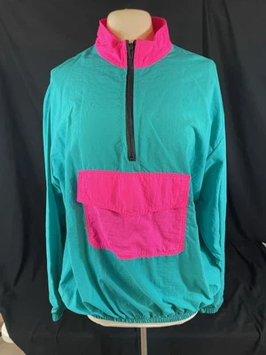 复古尼龙 80 年代/90 年代夹克风衣霓虹蓝绿色和粉红色 OSFA 美国制造 — 第 1/4 张图片