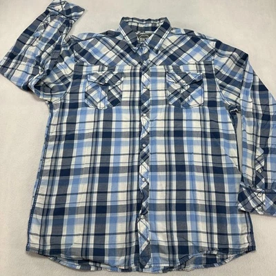 Рубашка мужская BKE 2XL синяя клетчатая вестерн жемчуг застежка с длинным рукавом спортивный крой ковбойская - Изображение 1 из 4