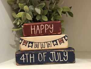 Happy 4th of July with Banner Hand Painted Tiered Tray Shelf Sitter Wood Blocks - Picture 1 of 5