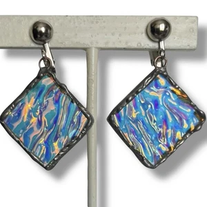 Dichroitische Glas Clip auf Ohrringe Hänger Quadrat Diamant Aqua Türkis Blau Gelb - Bild 1 von 5