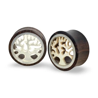 Pair of Sono Wood Mother of Pearl Tree of Life Tunnels gauges organic plugs - Image 1 of 4