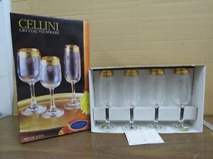 Cellini 24KT Gold Crystal Flute Stemware Hand Decorated Italy Box of 4