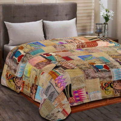 Indian Quilt Vintage Quilt Old Patchwork Silk Sari Kantha Quilted Bedcover Throw - Image 1 of 4