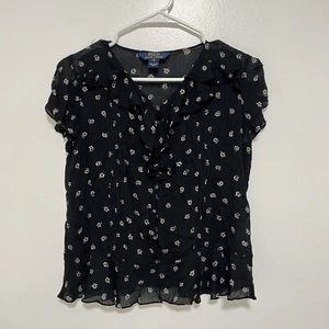 Polo Ralph Lauren Girls Size 16 Floral Ruffled Top Black White Blouse - Picture 1 of 8