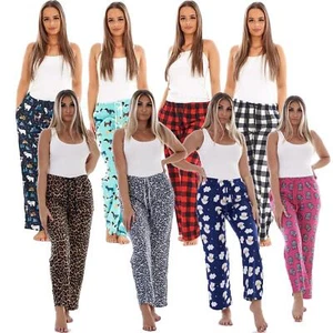 Ladies 2 Pack Fleece Lounge Pyjama Pants Winter Animal Check Design Drawstring - Picture 1 of 29