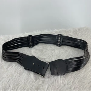 Coldwater Creek Black Leather Belt Sz L fits waist 38-40” studded ring - Picture 1 of 5
