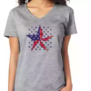 AMERICAN FLAG STARS Americana patriotic 4th of July USA Women's V-Neck T-Shirt - Picture 1 of 4