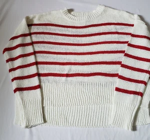 C & C California Sweater Womens Large White & Red Striped Lightweight Hi Lo Crop - Picture 1 of 12