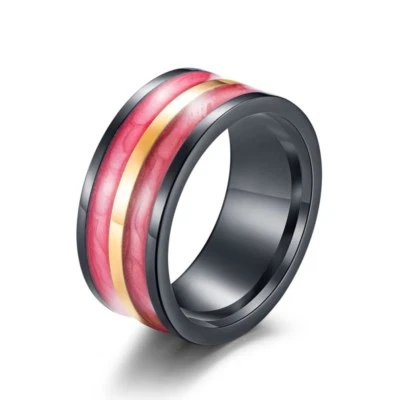 Green/Purple/Red Enamel Titanium Steel Gold Plated Band Men's Black Wedding Ring - Image 1 of 4