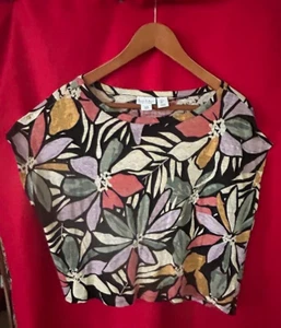 Nicole Miller New York 100% Linen Floral Blouse Back Button Women's Sz Large - Picture 1 of 4