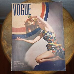 VTG January 1 1940 Vogue Magazine Horst Cover Swimsuit Model Art Deco Rare