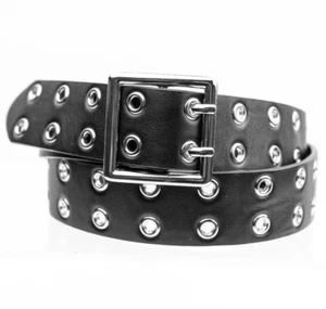 Cinturón Negro PU Doble Ojal con Hebilla Cuadrada Plateada - Estilo Punk Rock Talla XS - Imagen 1 de 6