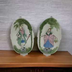 Par de placas de pared coloniales pintadas a mano victorianas pareja ovaladas decoración de pared de colección - Imagen 1 de 8