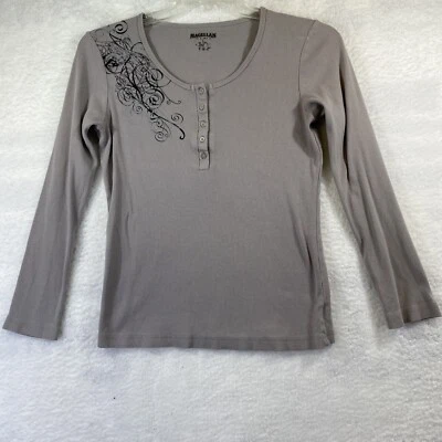 Top tejido beige manga larga elástico Magellan para mujer talla L 1/4 botón Foto 1 de 4